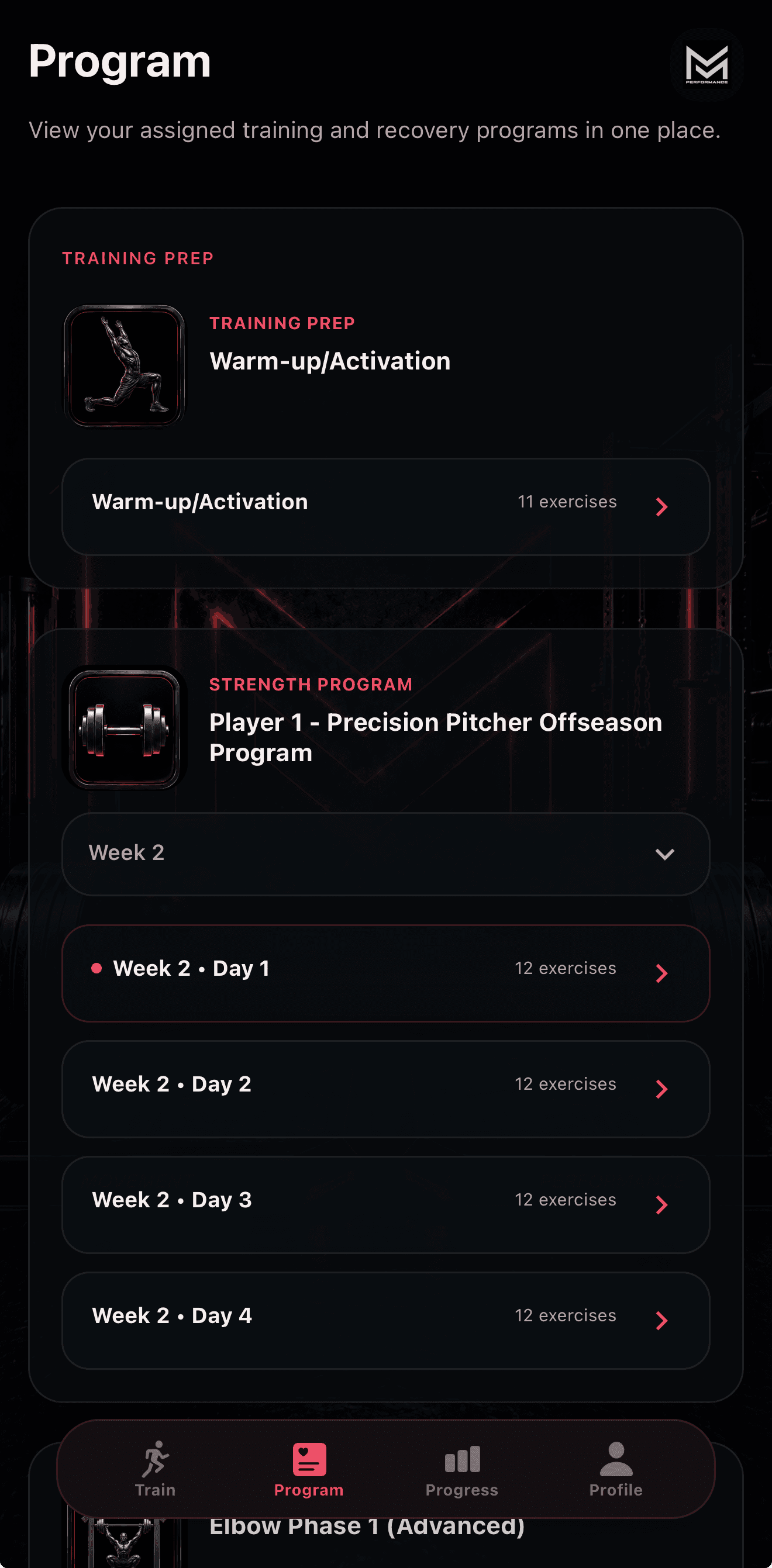 MMPT app program screen showing assigned training and recovery programs