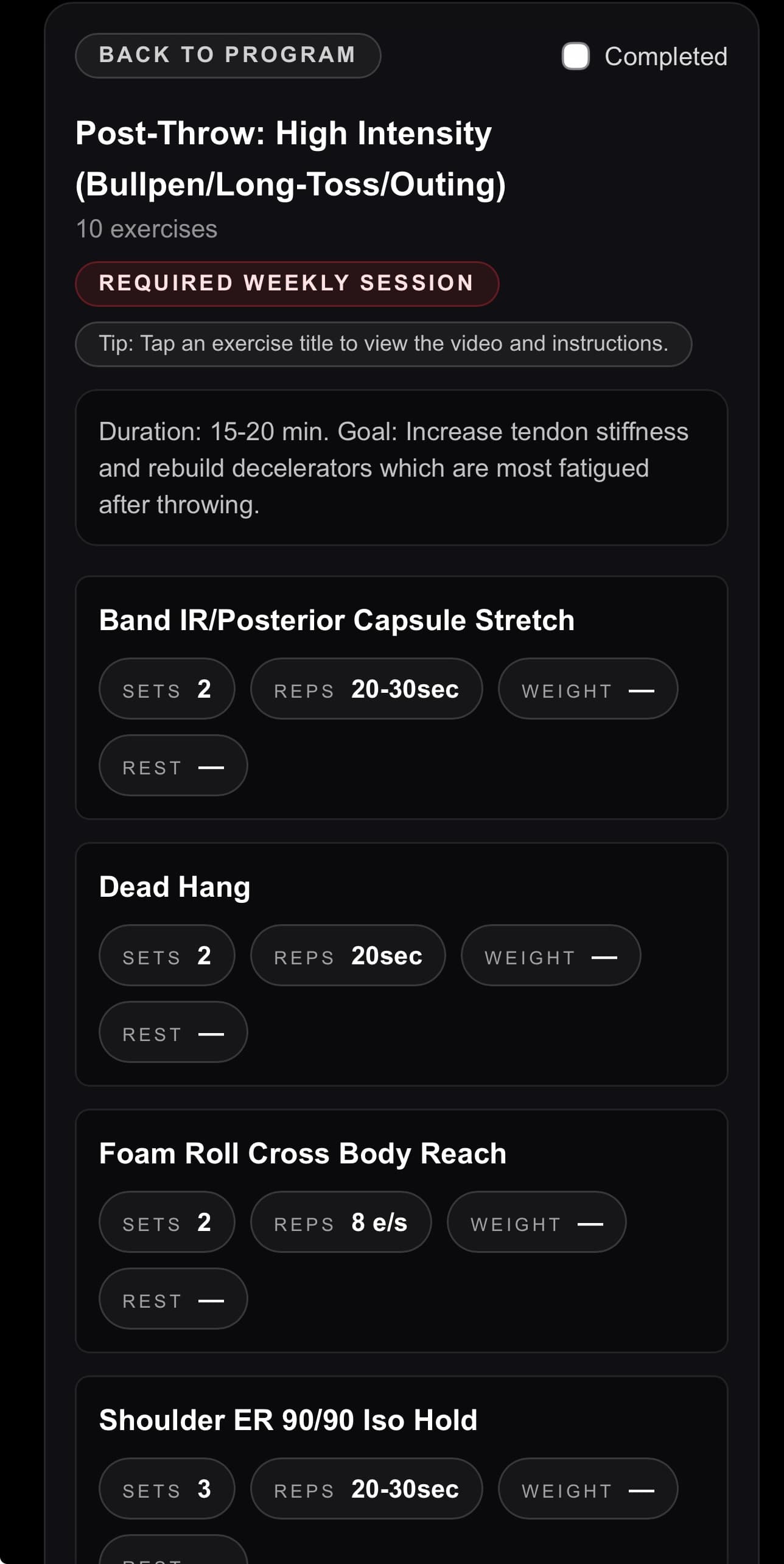 Precision Arm Care Program schedule and calendar screen in the MMPT platform