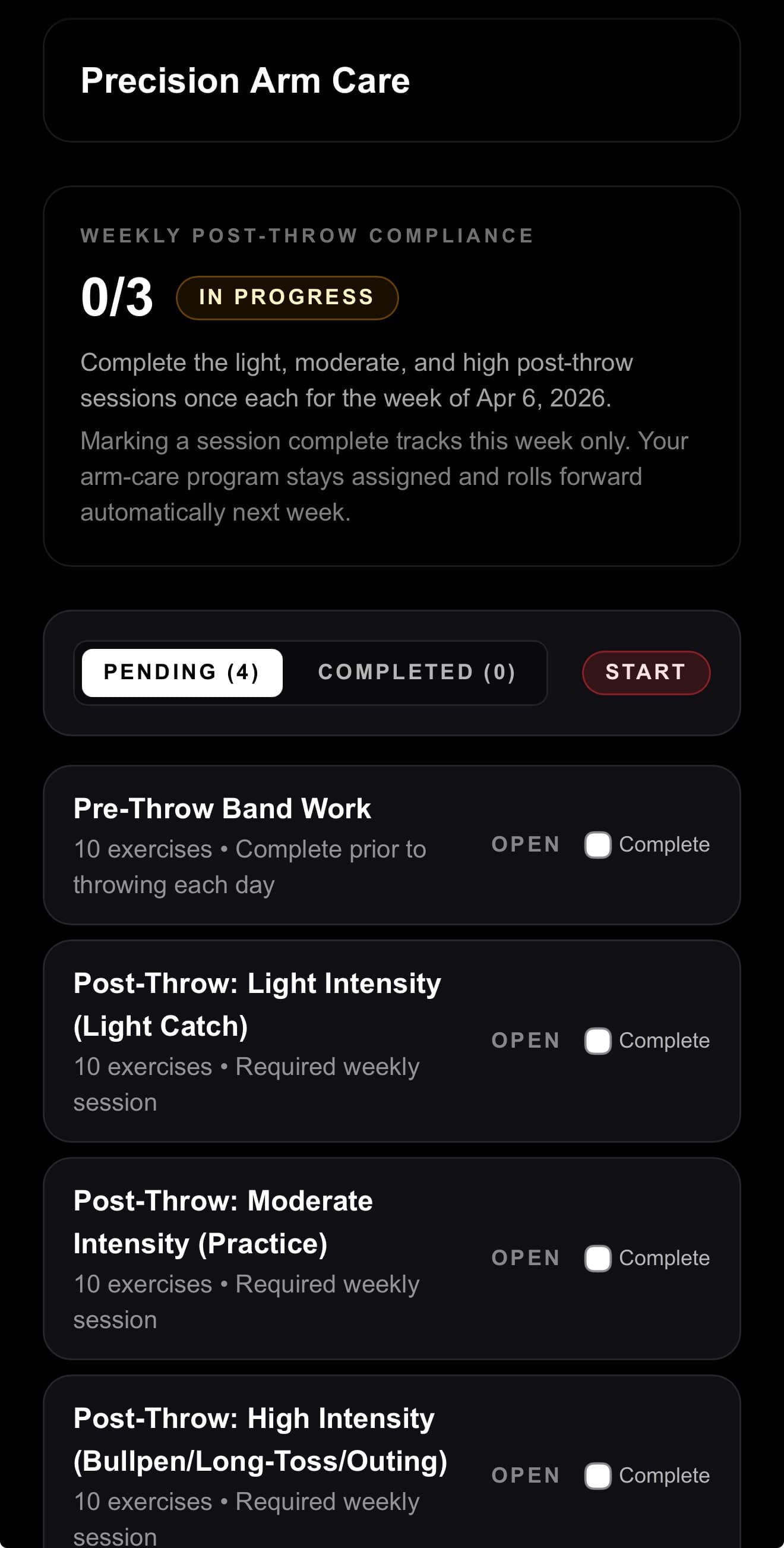Precision Arm Care Program overview screen in the MMPT platform